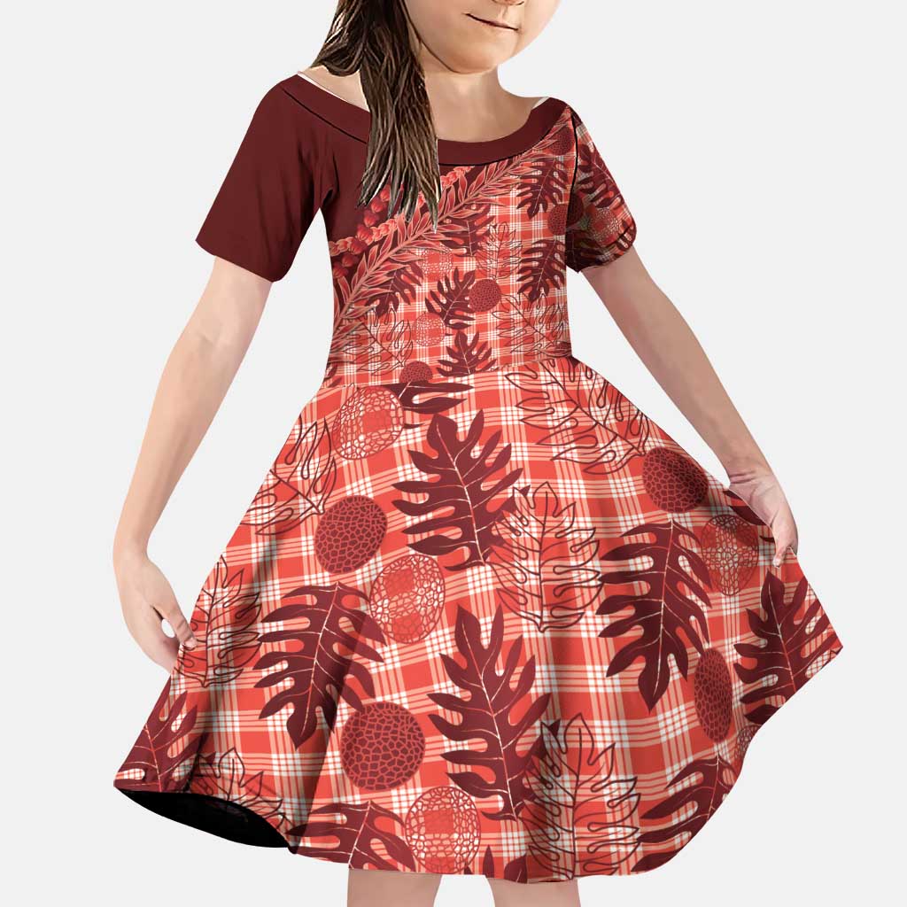 Hawaii Breadfruit Palaka Family Matching Puletasi and Hawaiian Shirt Ulaula Maile Lei LT9 Daughter's Dress Red - Polynesian Pride