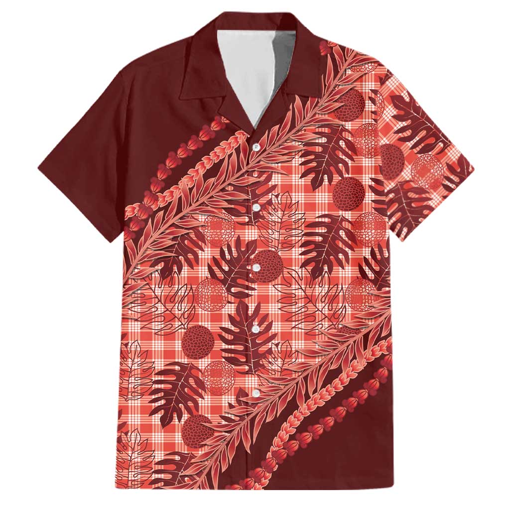 Hawaii Breadfruit Palaka Family Matching Puletasi and Hawaiian Shirt Ulaula Maile Lei LT9 Dad's Shirt - Short Sleeve Red - Polynesian Pride