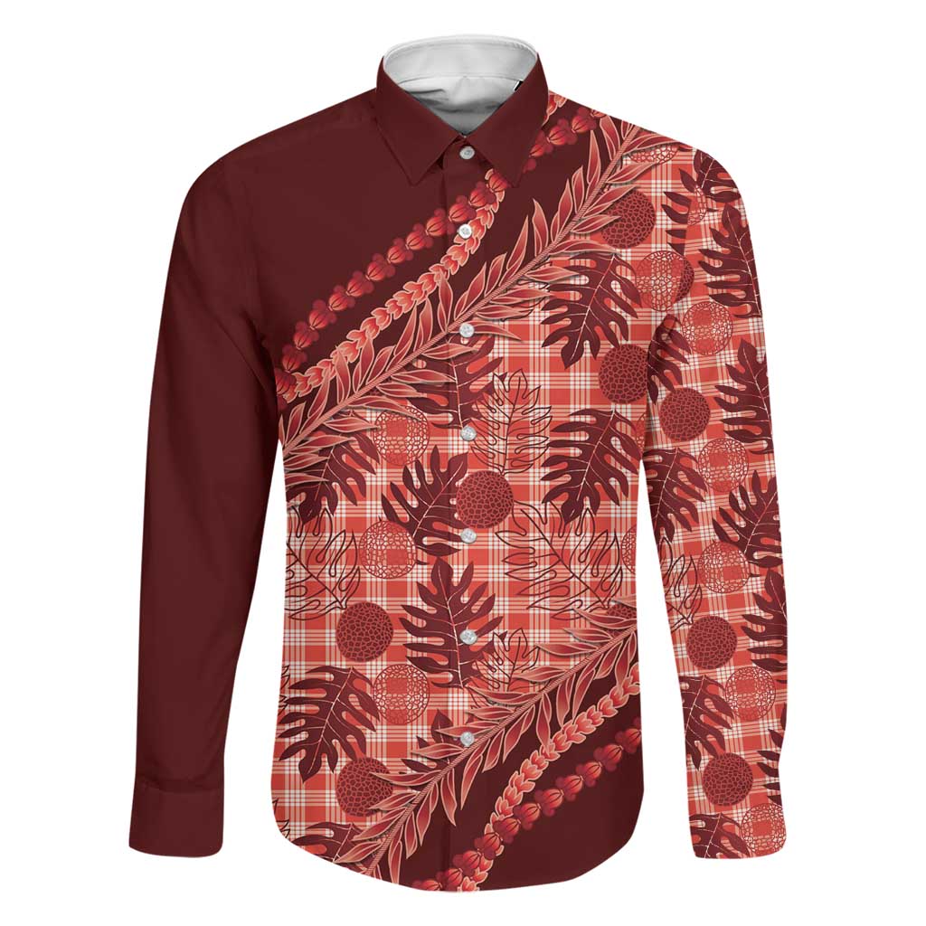 Hawaii Breadfruit Palaka Family Matching Puletasi and Hawaiian Shirt Ulaula Maile Lei LT9 Dad's Shirt - Long Sleeve Red - Polynesian Pride