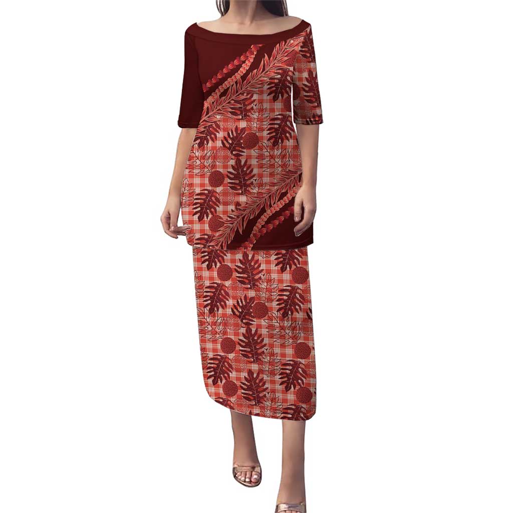 Hawaii Breadfruit Palaka Family Matching Puletasi and Hawaiian Shirt Ulaula Maile Lei LT9 Mom's Dress Red - Polynesian Pride