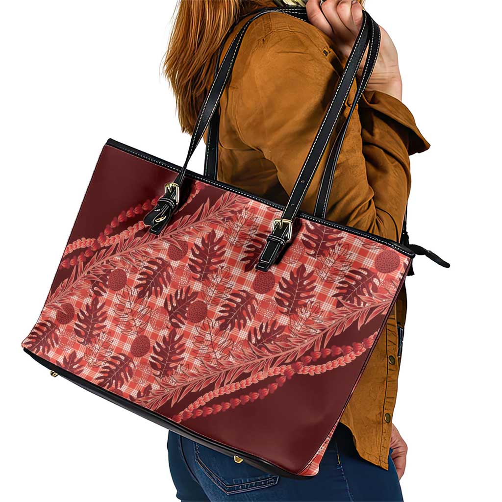 Hawaii Breadfruit Palaka Leather Tote Bag Ulaula Maile Lei - Polynesian Pride