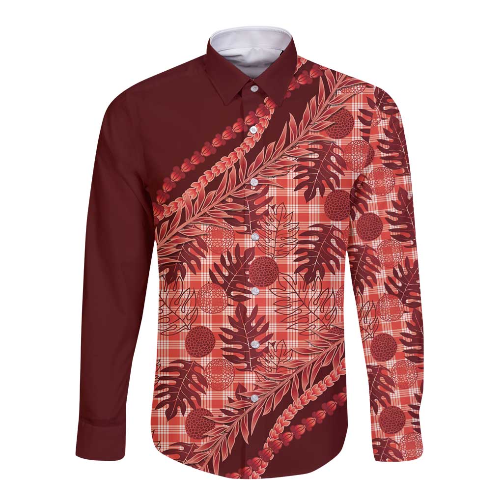 Hawaii Breadfruit Palaka Long Sleeve Button Shirt Ulaula Maile Lei - Polynesian Pride
