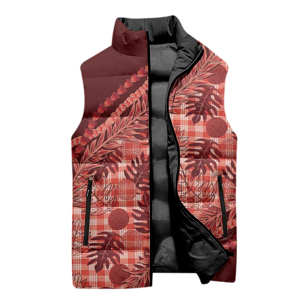 Hawaii Breadfruit Palaka Sleeveless Puffer Jacket Ulaula Maile Lei - Polynesian Pride