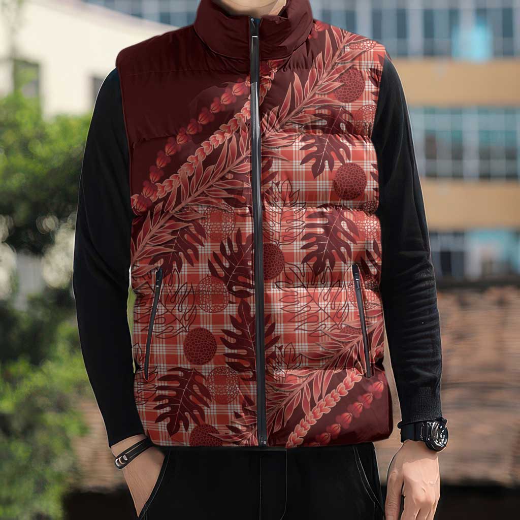 Hawaii Breadfruit Palaka Sleeveless Puffer Jacket Ulaula Maile Lei - Polynesian Pride