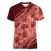 Hawaii Breadfruit Palaka Women V-Neck T-Shirt Ulaula Maile Lei LT9 Female Red - Polynesian Pride