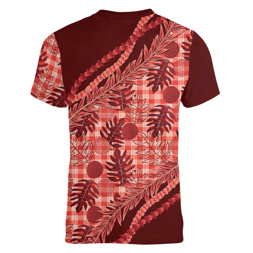 Hawaii Breadfruit Palaka Women V-Neck T-Shirt Ulaula Maile Lei LT9 - Polynesian Pride