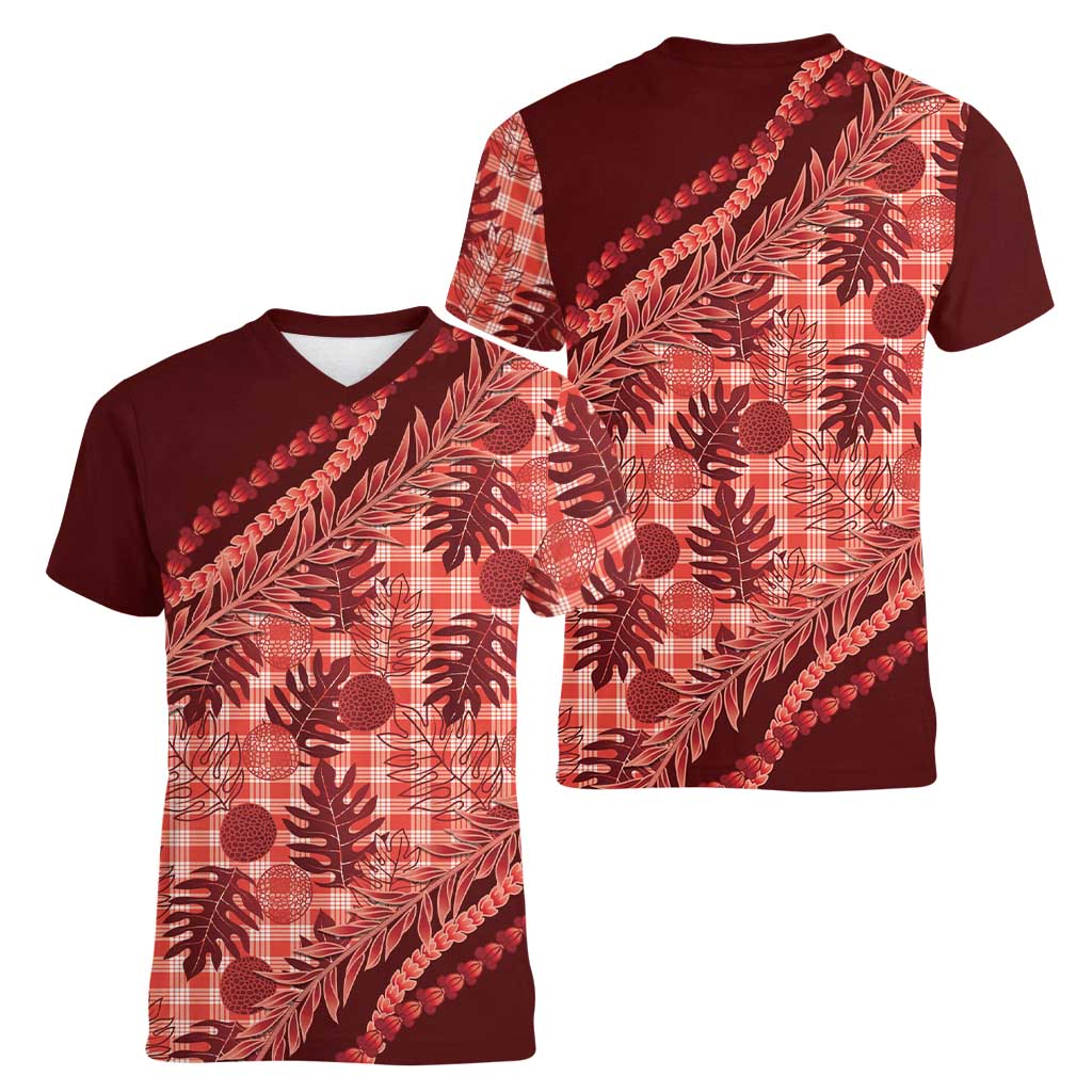 Hawaii Breadfruit Palaka Women V-Neck T-Shirt Ulaula Maile Lei LT9 - Polynesian Pride