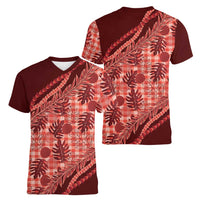 Hawaii Breadfruit Palaka Women V-Neck T-Shirt Ulaula Maile Lei LT9 - Polynesian Pride