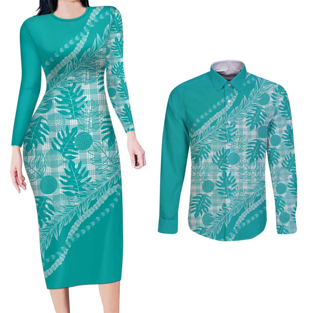Hawaii Breadfruit Palaka Couples Matching Long Sleeve Bodycon Dress and Long Sleeve Button Shirt Polu Opal Maile Lei LT9 Turquoise - Polynesian Pride