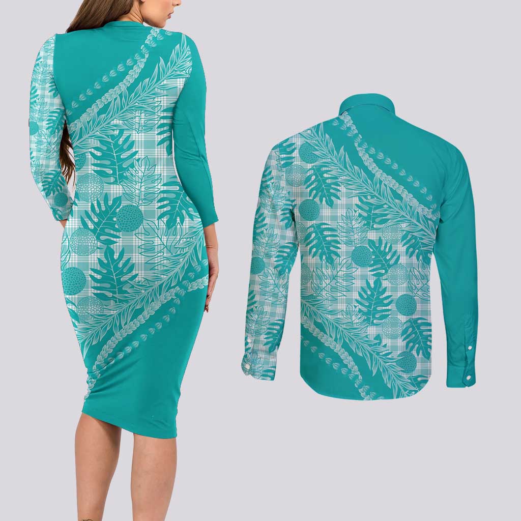 Hawaii Breadfruit Palaka Couples Matching Long Sleeve Bodycon Dress and Long Sleeve Button Shirt Polu Opal Maile Lei LT9 - Polynesian Pride