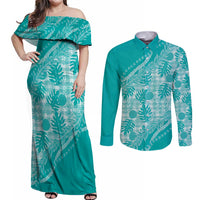 Hawaii Breadfruit Palaka Couples Matching Off Shoulder Maxi Dress and Long Sleeve Button Shirt Polu Opal Maile Lei - Polynesian Pride