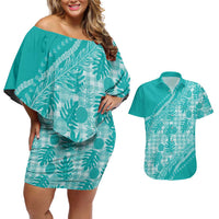 Hawaii Breadfruit Palaka Couples Matching Off Shoulder Short Dress and Hawaiian Shirt Polu Opal Maile Lei LT9 Turquoise - Polynesian Pride