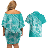 Hawaii Breadfruit Palaka Couples Matching Off Shoulder Short Dress and Hawaiian Shirt Polu Opal Maile Lei LT9 - Polynesian Pride