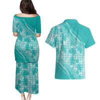Hawaii Breadfruit Palaka Couples Matching Puletasi and Hawaiian Shirt Polu Opal Maile Lei - Polynesian Pride