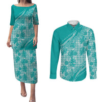 Hawaii Breadfruit Palaka Couples Matching Puletasi and Long Sleeve Button Shirt Polu Opal Maile Lei - Polynesian Pride
