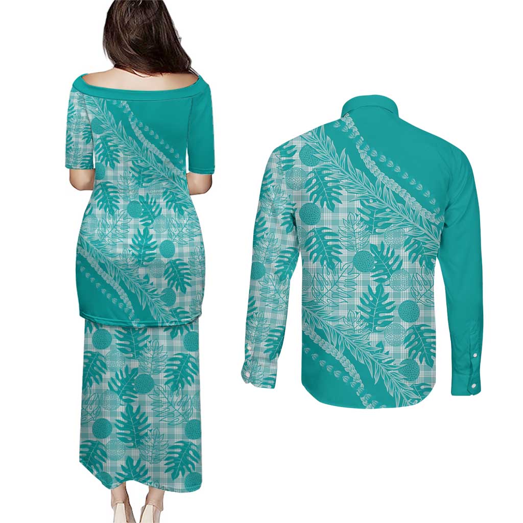 Hawaii Breadfruit Palaka Couples Matching Puletasi and Long Sleeve Button Shirt Polu Opal Maile Lei - Polynesian Pride