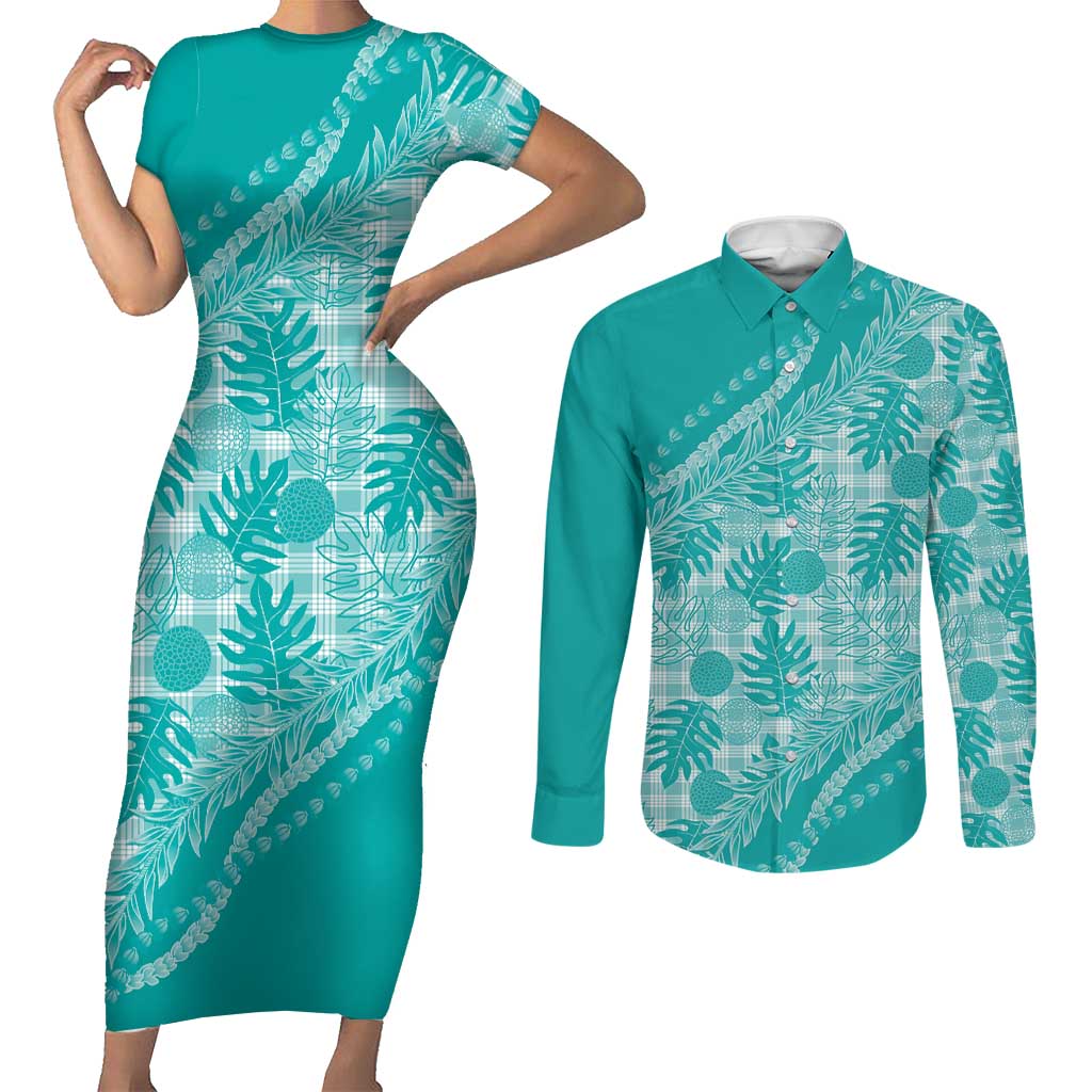 Hawaii Breadfruit Palaka Couples Matching Short Sleeve Bodycon Dress and Long Sleeve Button Shirt Polu Opal Maile Lei LT9 Turquoise - Polynesian Pride