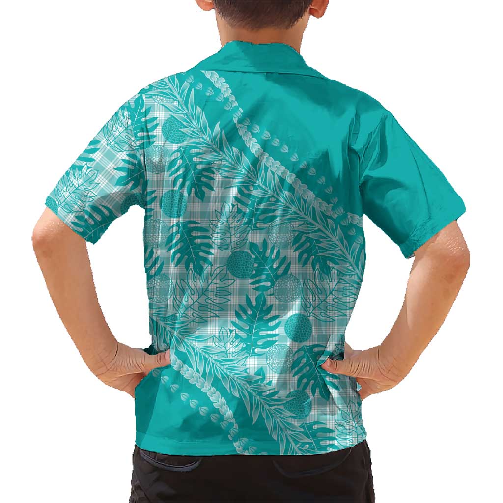 Hawaii Breadfruit Palaka Family Matching Off Shoulder Short Dress and Hawaiian Shirt Polu Opal Maile Lei - Polynesian Pride