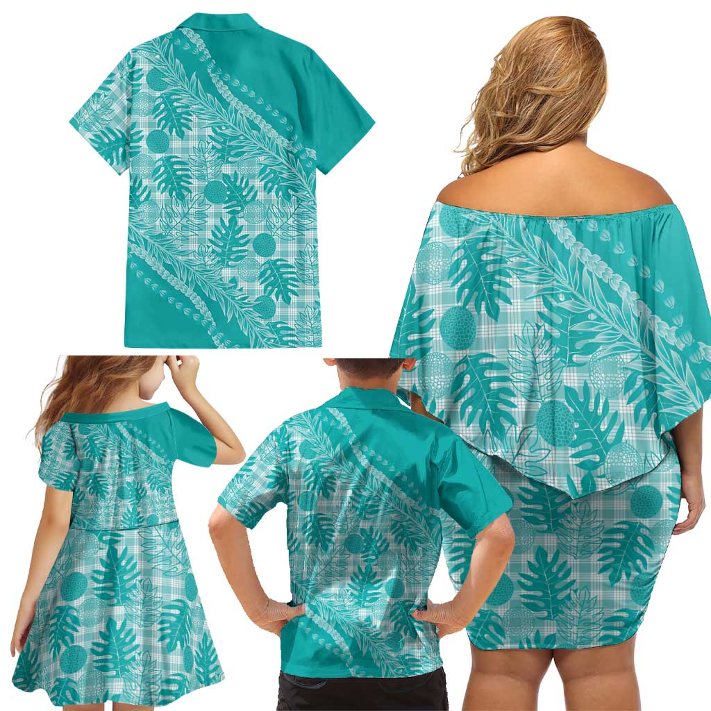 Hawaii Breadfruit Palaka Family Matching Off Shoulder Short Dress and Hawaiian Shirt Polu Opal Maile Lei - Polynesian Pride