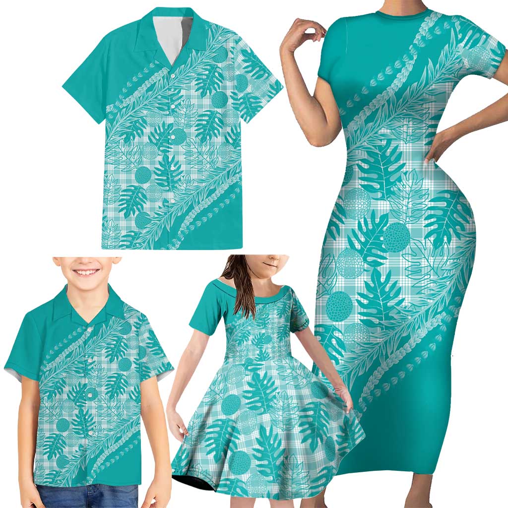 Hawaii Breadfruit Palaka Family Matching Short Sleeve Bodycon Dress and Hawaiian Shirt Polu Opal Maile Lei - Polynesian Pride