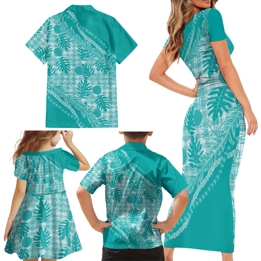 Hawaii Breadfruit Palaka Family Matching Short Sleeve Bodycon Dress and Hawaiian Shirt Polu Opal Maile Lei - Polynesian Pride