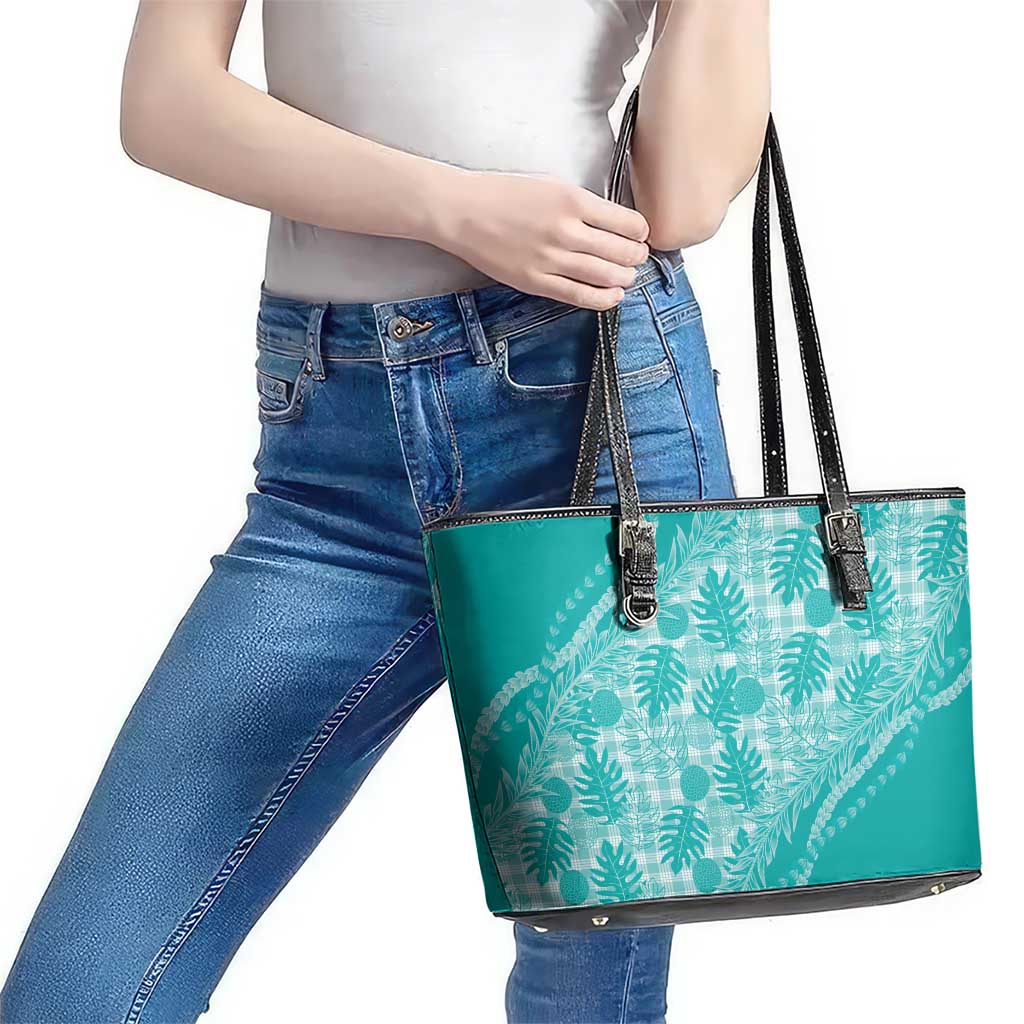 Hawaii Breadfruit Palaka Leather Tote Bag Polu Opal Maile Lei - Polynesian Pride
