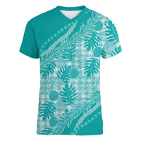 Hawaii Breadfruit Palaka Women V-Neck T-Shirt Polu Opal Maile Lei LT9 Female Turquoise - Polynesian Pride