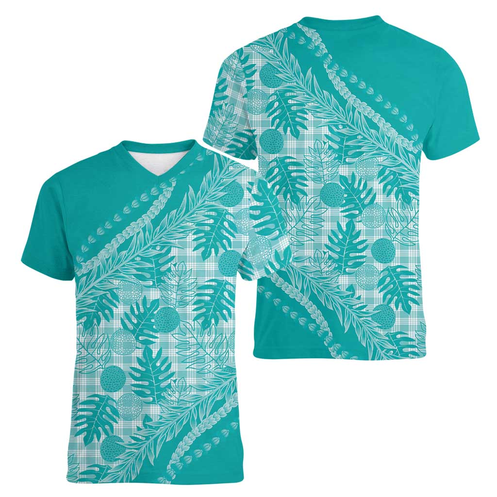 Hawaii Breadfruit Palaka Women V-Neck T-Shirt Polu Opal Maile Lei LT9 - Polynesian Pride