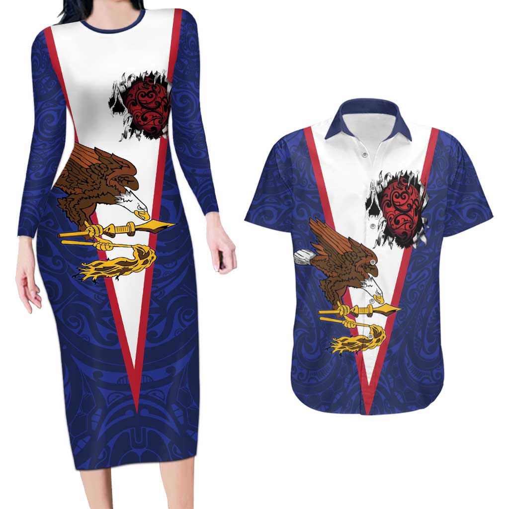 American Samoa Heart Tribal Personalized Couples Matching Long Sleeve Bodycon Dress and Hawaiian Shirt Polynesian Patterns