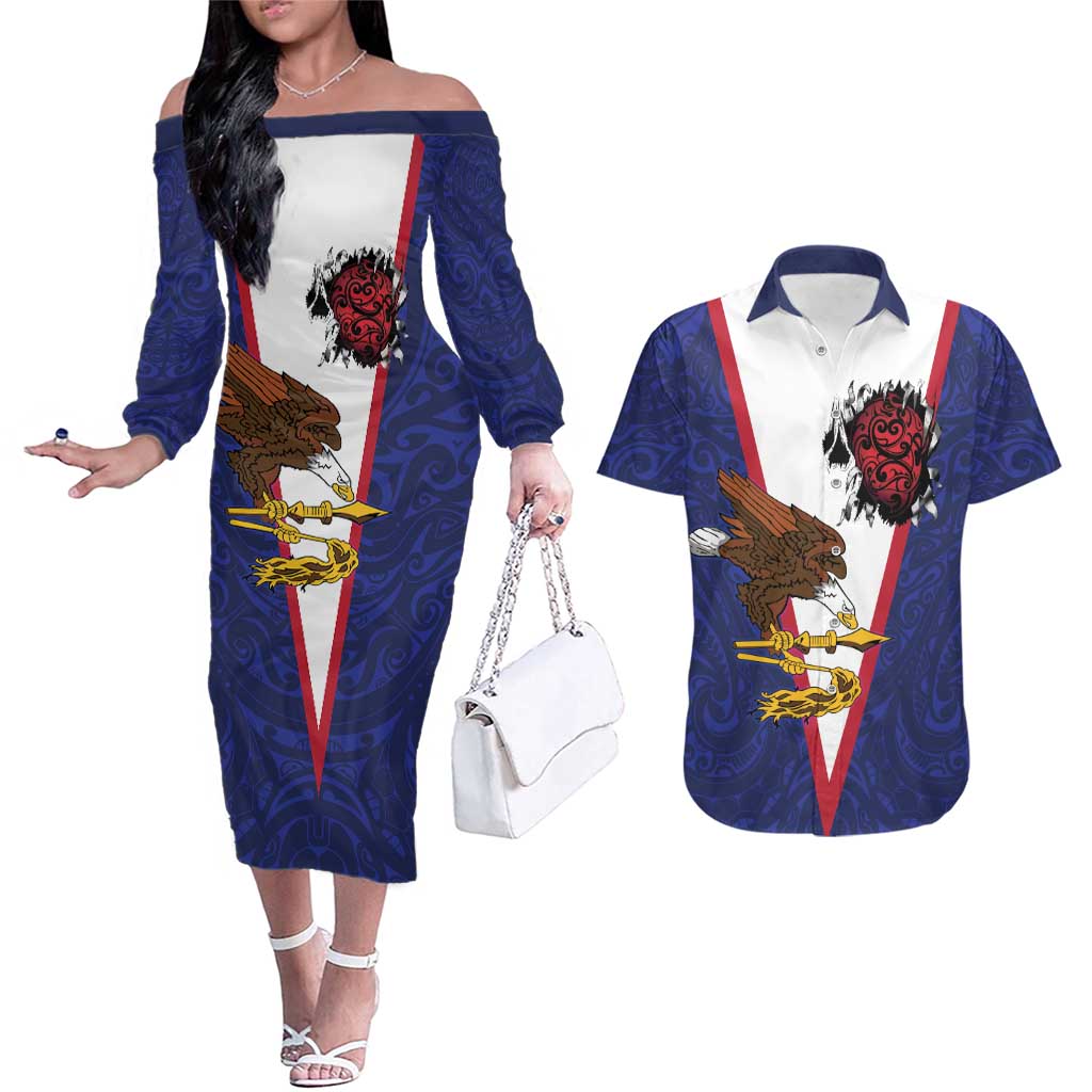 American Samoa Heart Tribal Personalized Couples Matching Off The Shoulder Long Sleeve Dress and Hawaiian Shirt Polynesian Patterns LT9 Blue - Polynesian Pride