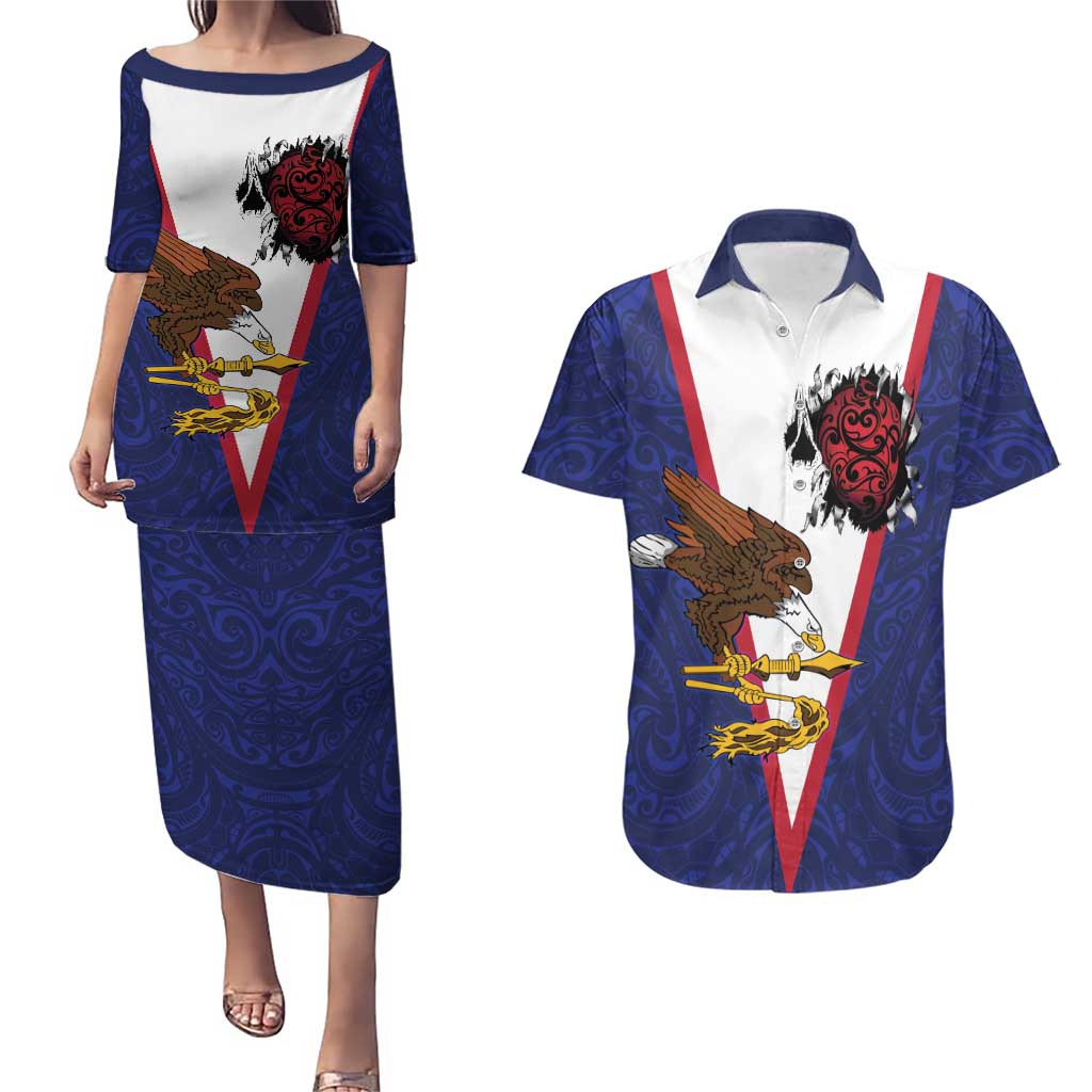 American Samoa Heart Tribal Personalized Couples Matching Puletasi and Hawaiian Shirt Polynesian Patterns LT9 Blue - Polynesian Pride