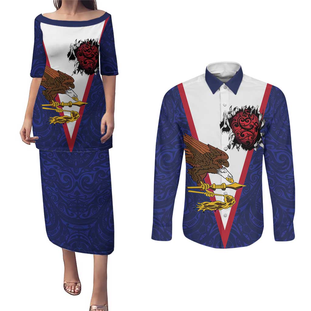 American Samoa Heart Tribal Personalized Couples Matching Puletasi and Long Sleeve Button Shirt Polynesian Patterns