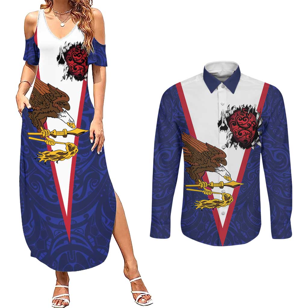 American Samoa Heart Tribal Personalized Couples Matching Summer Maxi Dress and Long Sleeve Button Shirt Polynesian Patterns LT9 Blue - Polynesian Pride