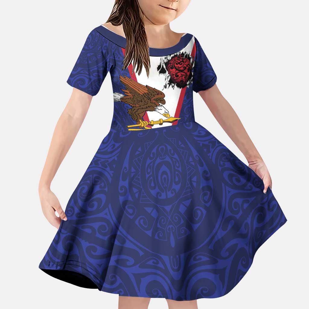 American Samoa Heart Tribal Personalized Family Matching Off Shoulder Short Dress and Hawaiian Shirt Polynesian Patterns LT9 Daughter's Dress Blue - Polynesian Pride