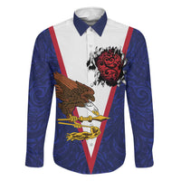 American Samoa Heart Tribal Personalized Family Matching Off Shoulder Short Dress and Hawaiian Shirt Polynesian Patterns LT9 Dad's Shirt - Long Sleeve Blue - Polynesian Pride