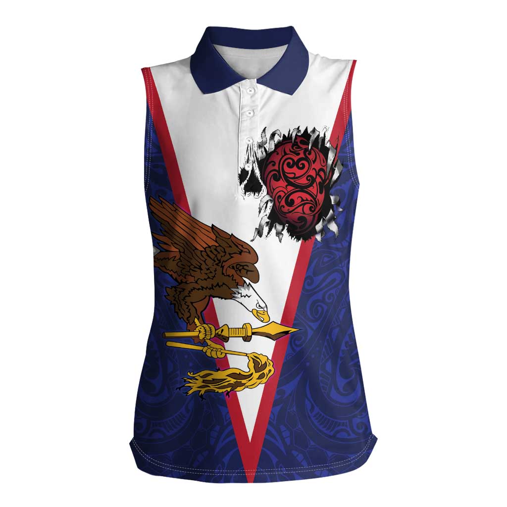 American Samoa Heart Tribal Personalized Women Sleeveless Polo Shirt Polynesian Patterns