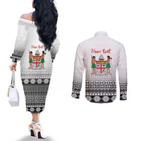 Fiji Heart Tribal Personalised Couples Matching Off The Shoulder Long Sleeve Dress and Long Sleeve Button Shirt Polynesian Patterns