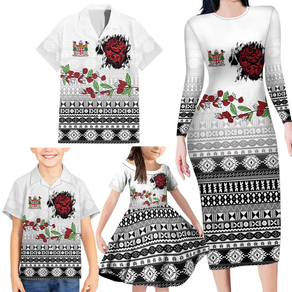 Fiji Heart Tribal Personalised Family Matching Long Sleeve Bodycon Dress and Hawaiian Shirt Polynesian Patterns