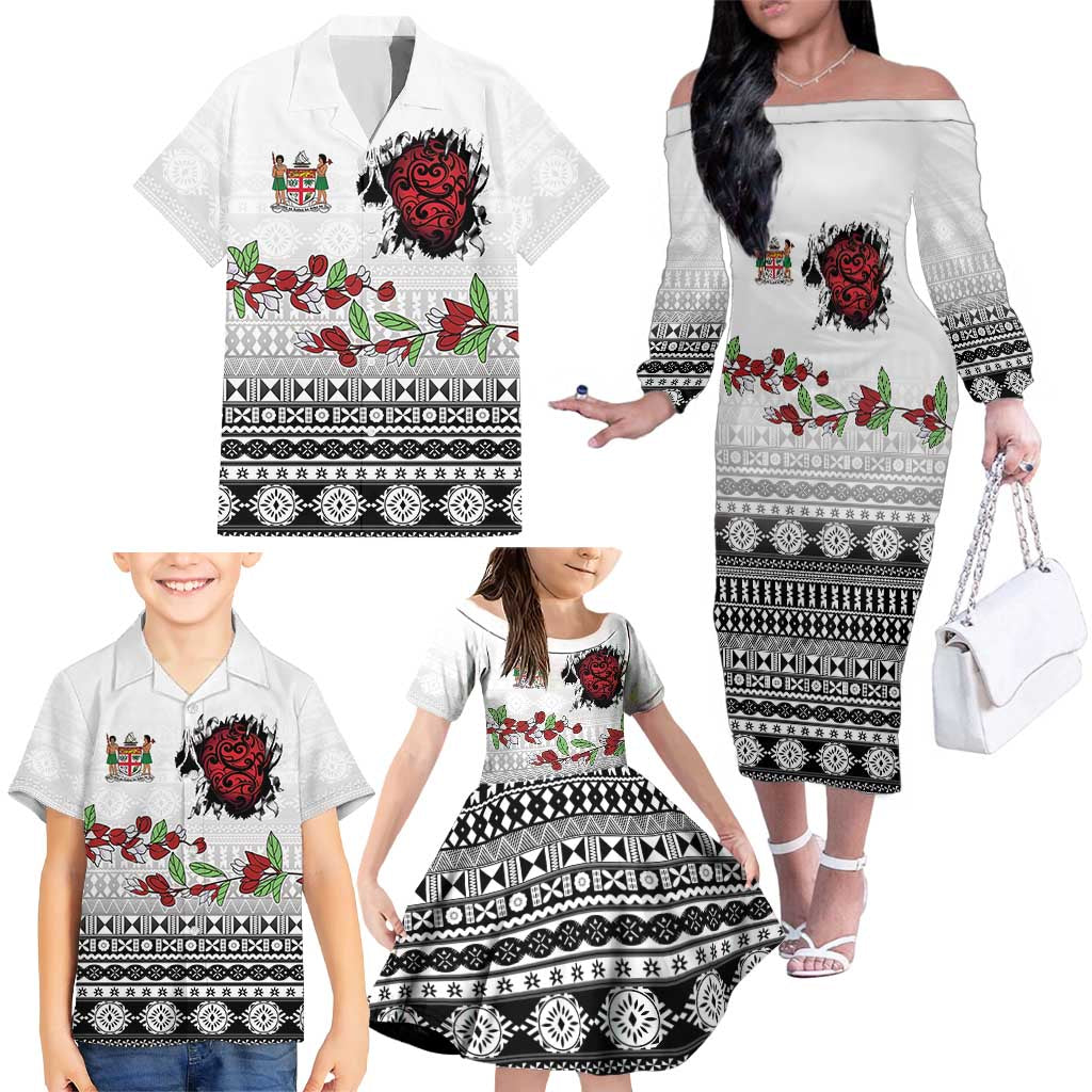 Fiji Heart Tribal Personalised Family Matching Off The Shoulder Long Sleeve Dress and Hawaiian Shirt Polynesian Patterns