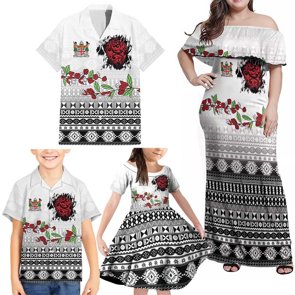 Fiji Heart Tribal Personalised Family Matching Off Shoulder Maxi Dress and Hawaiian Shirt Polynesian Patterns