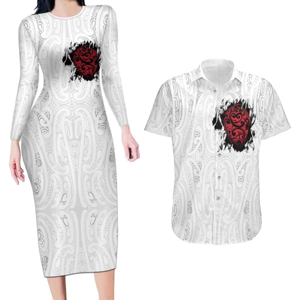 New Zealand Maori Heart Tribal Personalised Couples Matching Long Sleeve Bodycon Dress and Hawaiian Shirt Polynesian Patterns