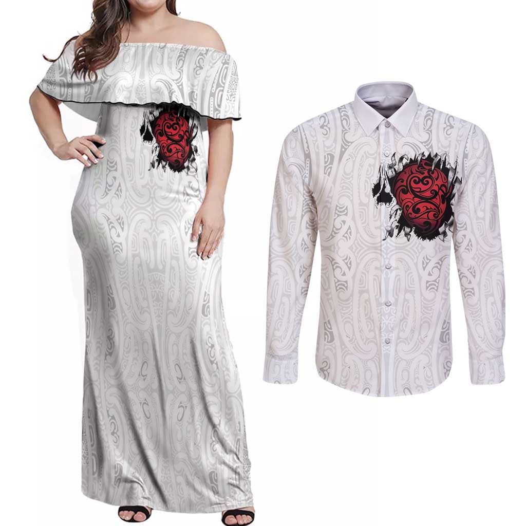 New Zealand Maori Heart Tribal Personalised Couples Matching Off Shoulder Maxi Dress and Long Sleeve Button Shirt Polynesian Patterns