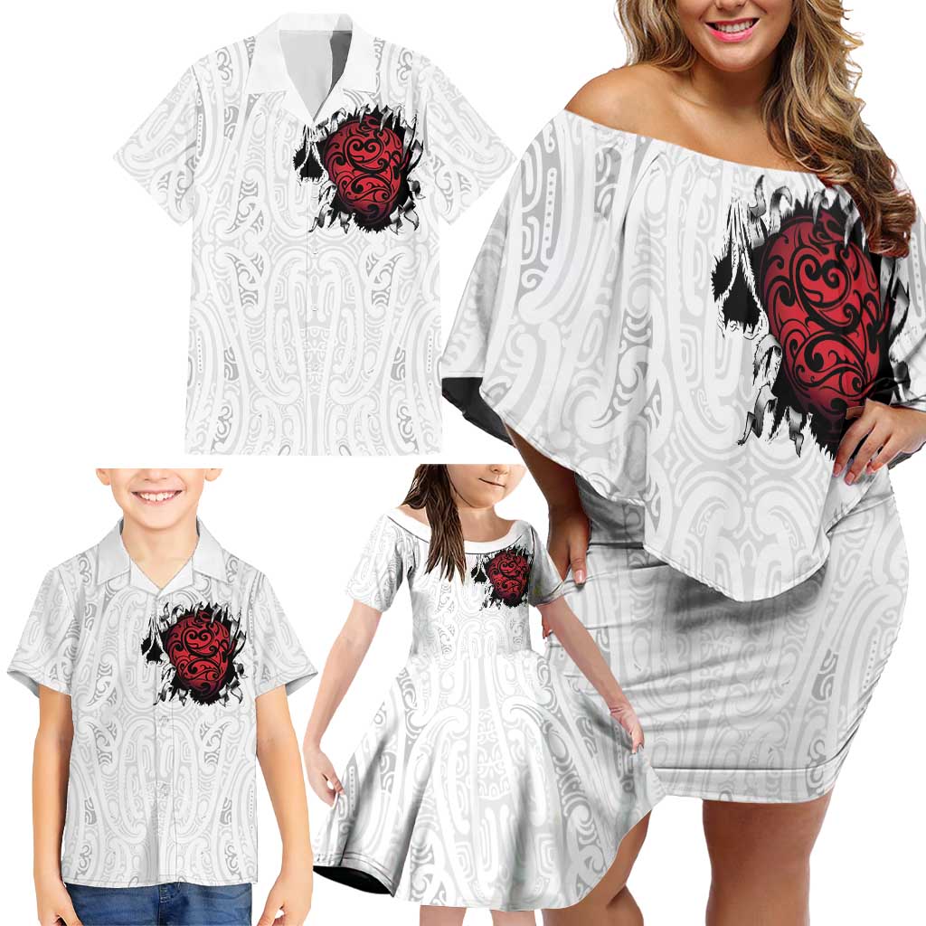 New Zealand Maori Heart Tribal Personalised Family Matching Off Shoulder Short Dress and Hawaiian Shirt Polynesian Patterns