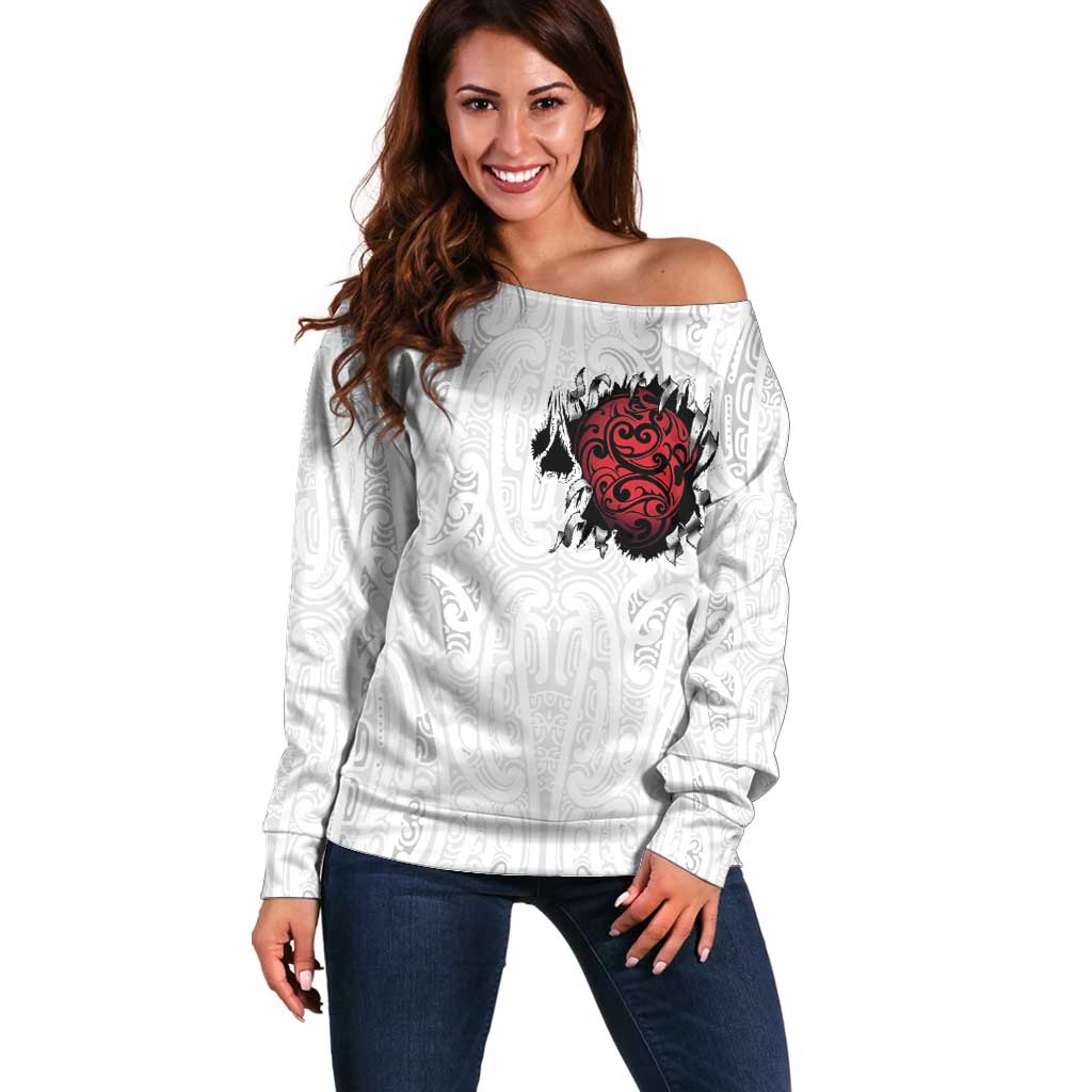 New Zealand Maori Heart Tribal Personalised Off Shoulder Sweater Polynesian Patterns LT9 Women White - Polynesian Pride