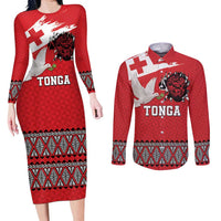 Tonga Heart Tribal Personalised Couples Matching Long Sleeve Bodycon Dress and Long Sleeve Button Shirt Polynesian Patterns
