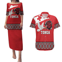 Tonga Heart Tribal Personalised Couples Matching Puletasi and Hawaiian Shirt Polynesian Patterns LT9 Red - Polynesian Pride