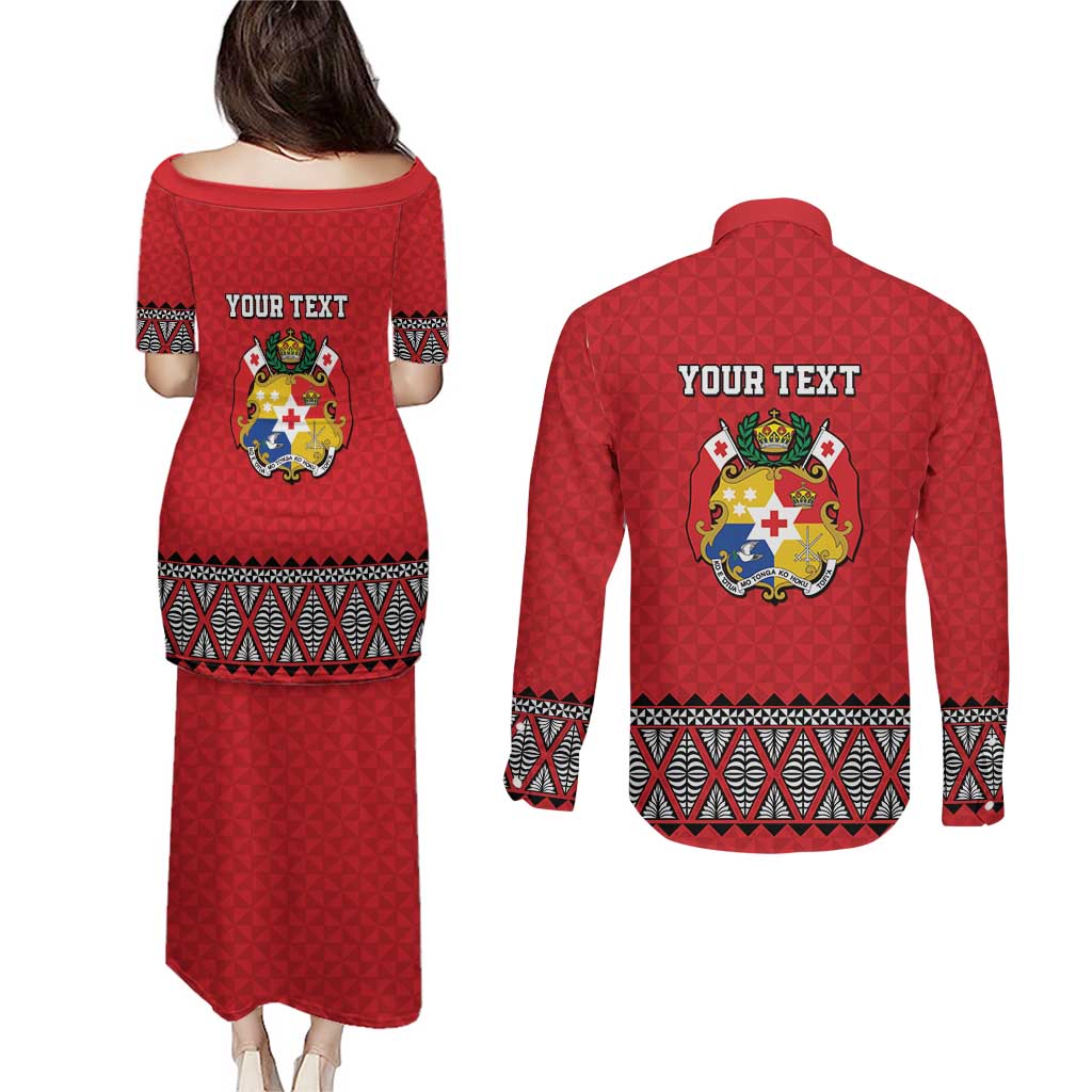 Tonga Heart Tribal Personalised Couples Matching Puletasi and Long Sleeve Button Shirt Polynesian Patterns