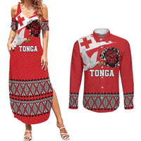 Tonga Heart Tribal Personalised Couples Matching Summer Maxi Dress and Long Sleeve Button Shirt Polynesian Patterns LT9 Red - Polynesian Pride