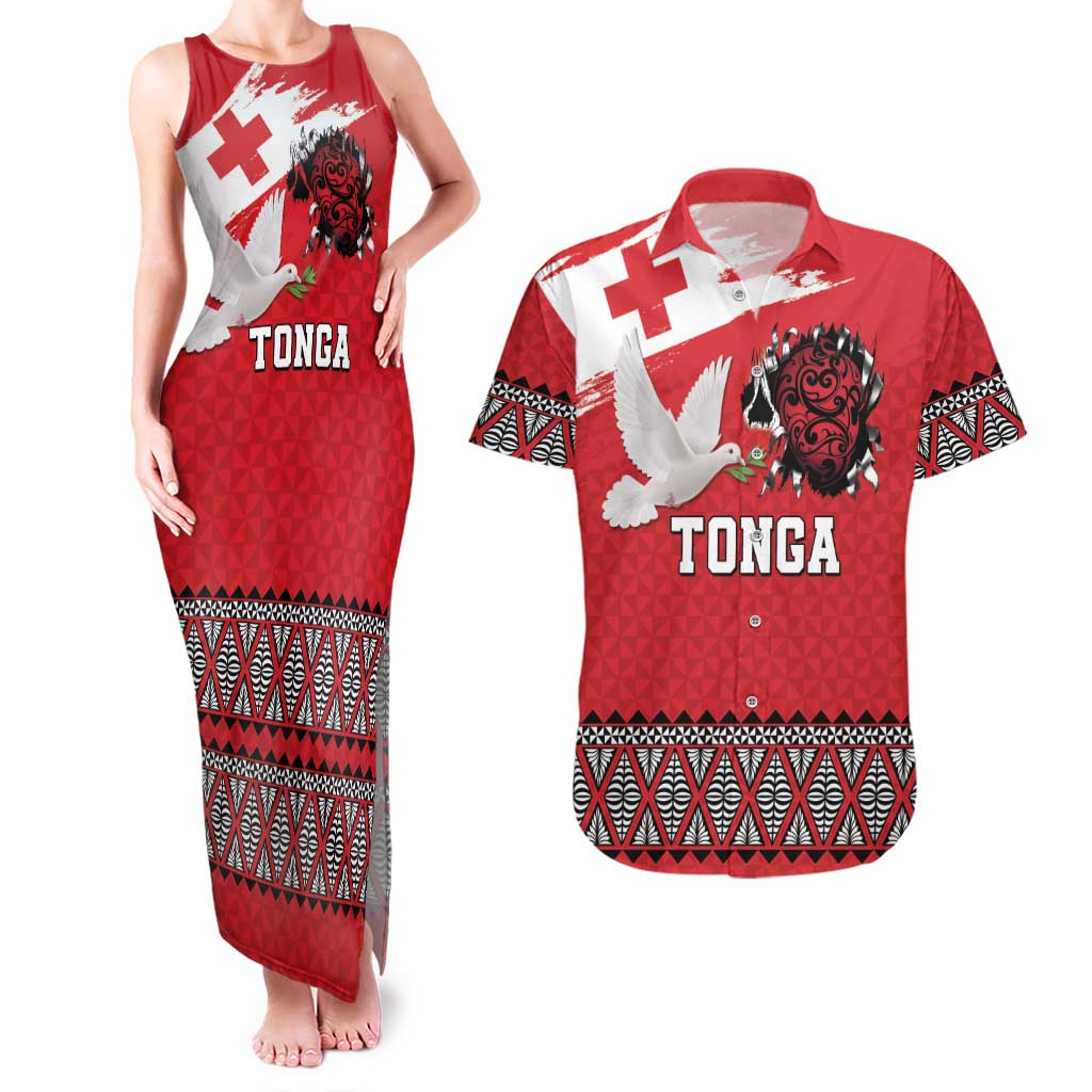 Tonga Heart Tribal Personalised Couples Matching Tank Maxi Dress and Hawaiian Shirt Polynesian Patterns