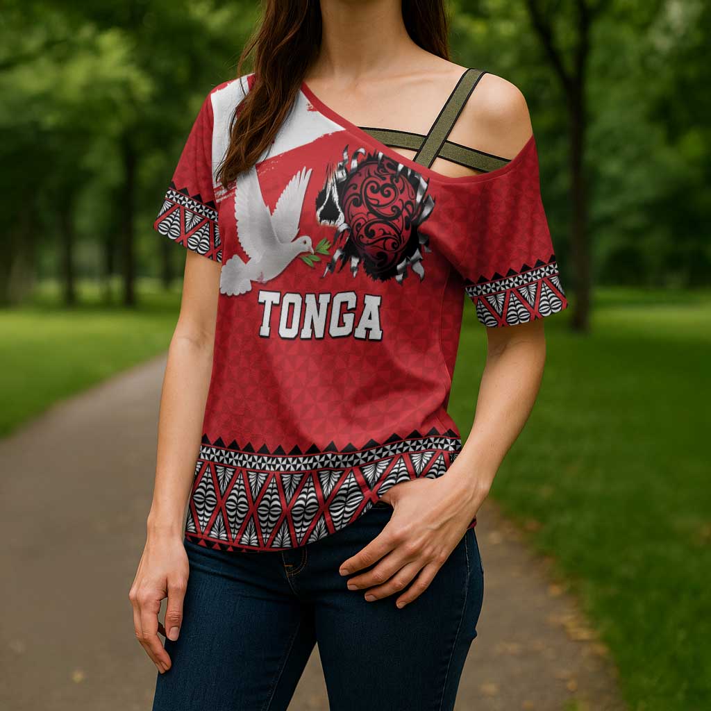 Tonga Heart Tribal Personalised Cross Shoulder Shirt Polynesian Patterns